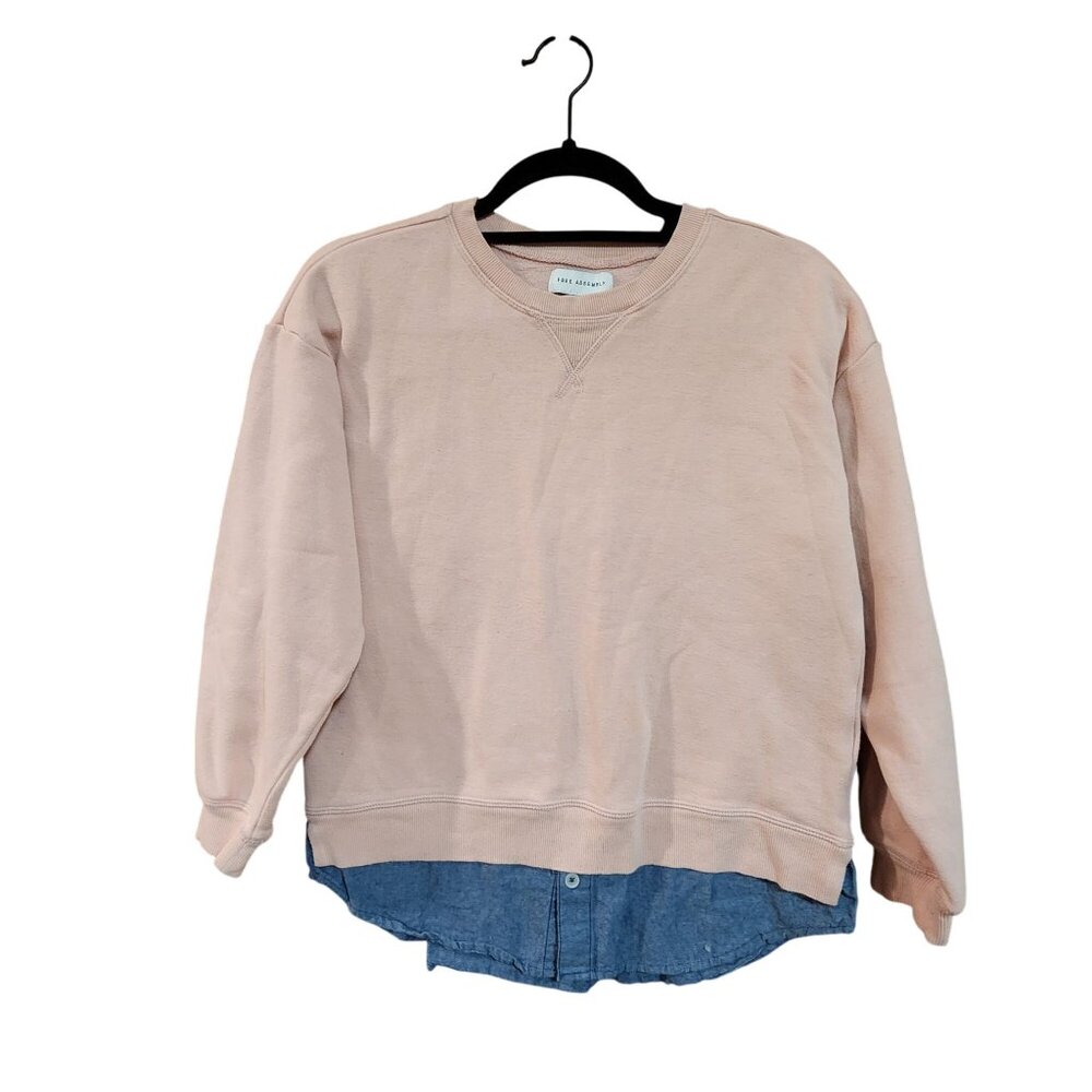 Free Assembly Womens XL Sweatshirt With Chambray Hem Beige & Blue Cotton Blend